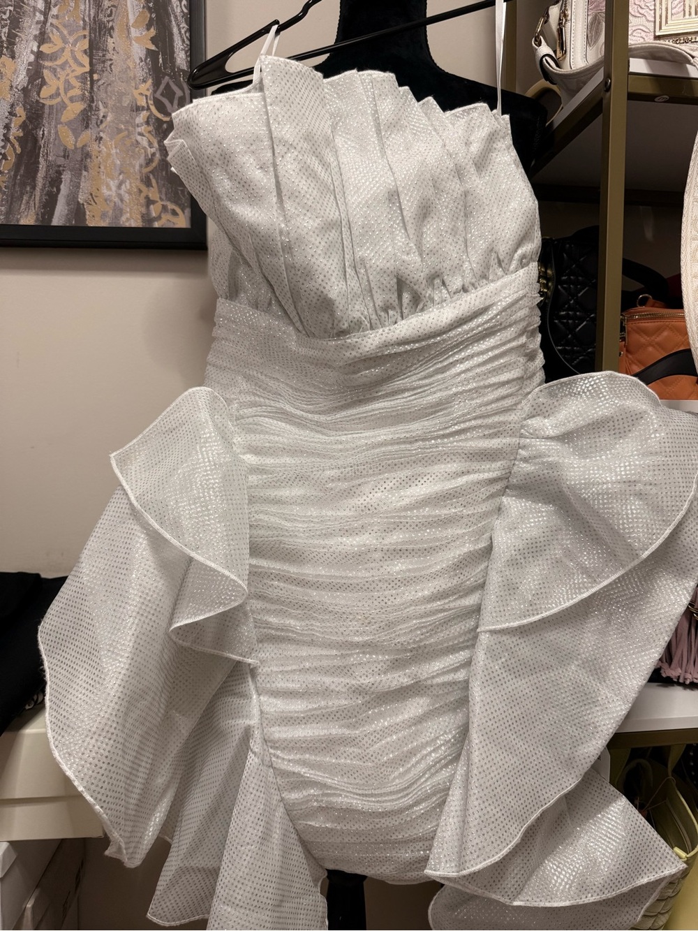 ASOS White One-Shoulder Ruffle Mini Dress with Subtle Sparkle